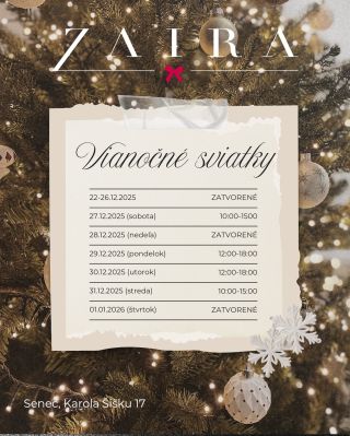 🎄 Vianočné otváracie hodiny v Zaira ✨ Milé dámy, aby ste si vedeli bez stresu naplánovať návštevu nášho salónu, prinášame...